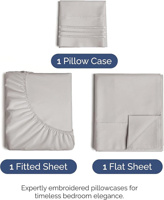 Twin XL Size 3 Piece Sheet Set - Comfy Breathable & Cooling Bed Sheets Set - Hotel Luxury Bedding for Women, Men, Kids, Teens, Boys & Girls - Deep Pockets, Soft, Wrinkle Free - Oeko-Tex - Light Grey