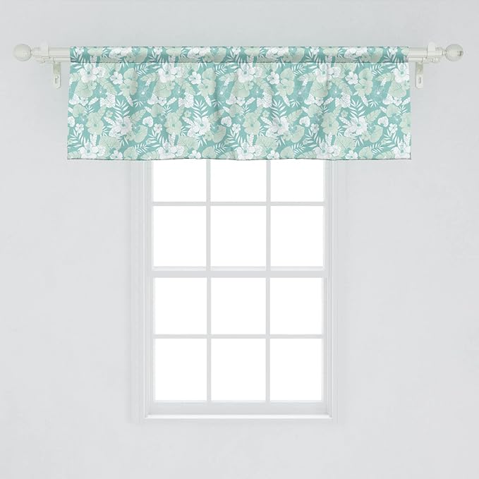 Lunarable Flower Window Valance Pack of 2, Hawaiian Floral Themed Tropical Hibiscus and Exotic Leaves, Rod Pocket Curtain Valances for Kitchen Bedroom, 54" X 18", Green Teal