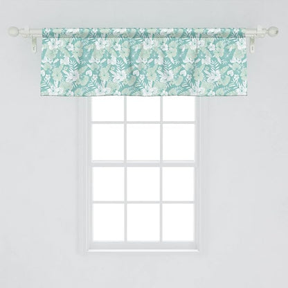 Lunarable Flower Window Valance Pack of 2, Hawaiian Floral Themed Tropical Hibiscus and Exotic Leaves, Rod Pocket Curtain Valances for Kitchen Bedroom, 54" X 18", Green Teal