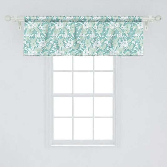 Lunarable Flower Window Valance Pack of 2, Hawaiian Floral Themed Tropical Hibiscus and Exotic Leaves, Rod Pocket Curtain Valances for Kitchen Bedroom, 54" X 18", Green Teal