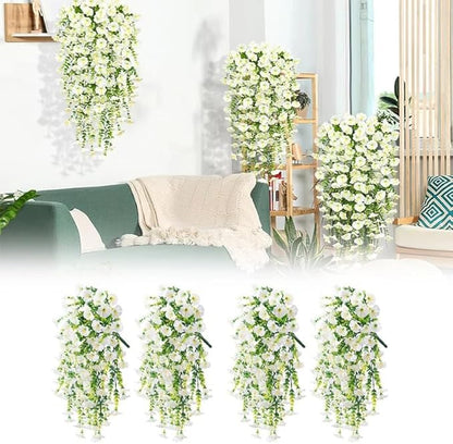 6-Pack Outdoor Faux Plants, 69-Flowered Large Morning Glory, Uv-Resistant Artificial Morning Glory,Perfect for Outdoor Decoration in All Seasons Such as Porches and Gardens (White)