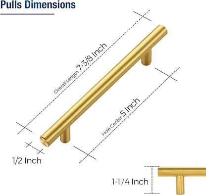 JOY DECOR 15 Pack Cabinet Handles, Gold Cabinet Pulls, 5 in Hole Center Kitchen Cabinet Handles, Stainless Steel T Bar Handles for Dresser Drawers