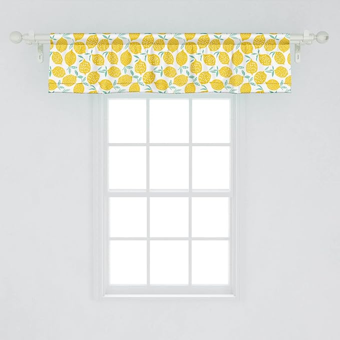 Lunarable Mint and Yellow Window Valance Pack of 2, Summer Fruit Pattern with Dots Stripes Doodle Lemons and Leaves, Rod Pocket Curtain Valances for Kitchen Bedroom, 54" X 12", Mint Green