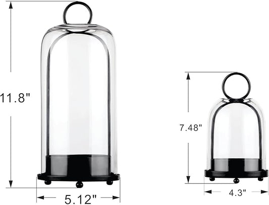 5" & 4" Wide Versatile Metal Candle Holder in Black with Handmade Thick, Heavy & Sturdy Glass Dome for Pillar Candle, Industrial, Modern, Shelf, Mantel, Veranda, Porch (2, Black, Large & Small)