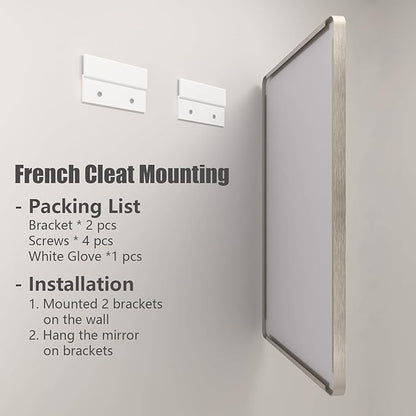 24x30 Inch Silver Bathroom Mirror, Brushed Metal Framed Vanity Mirror for Wall, Rounded Corner Rectangle Mirror, Anti- Rust (Horizontal/Vertical)