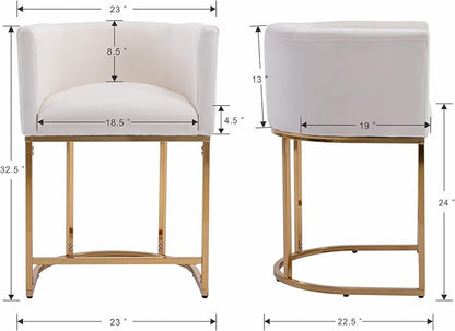 Modern Counter Height Velvet Upholstered Bar Stools Set of 2, 24" Kitchen Counter Island Stools Bar Chairs with Gold Metal Frame for Kitchen Island, Cream