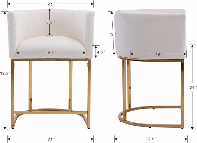 Modern Counter Height Velvet Upholstered Bar Stools Set of 3, Kitchen Island Chairs with Gold Metal Frame for Island, 24'' Seat Height, Cream Velvet, Gold Base