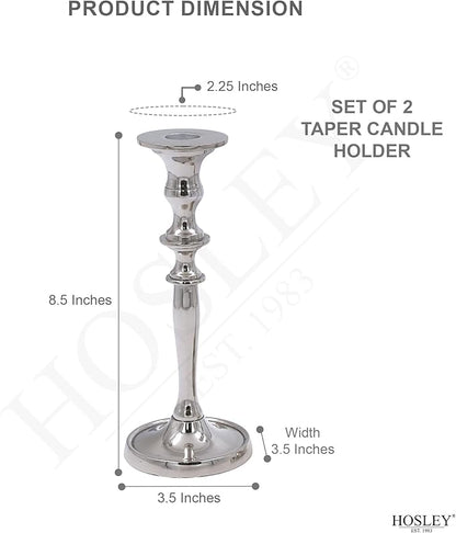 Hosley Set of 2 Silver Finish Taper Candle Holder 8" High. Ideal Gift and Use for Weddings, Party, Spa or Aromatherapy W1
