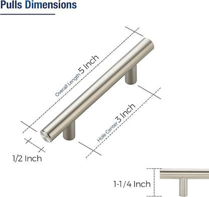 JOY DECOR 15 Pack Cabinet Handles, Brushed Nickel Cabinet Pulls, 3 in Hole Center Kitchen Cabinet Handles, Stainless Steel T Bar Handles for Dresser Drawers