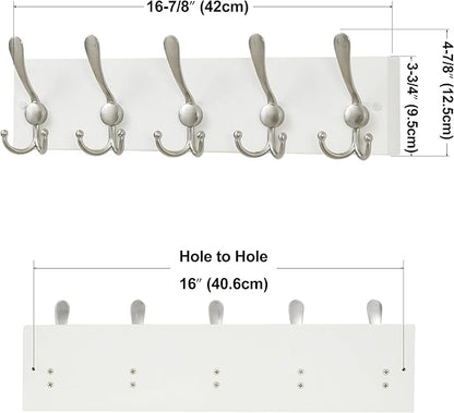 SKOLOO Creations White Solid Wood Wall Mounted Coat Rack, 5 Hooks, 17" Long - Kitchen, Mudroom, Entryway, Bathroom - Includes Mounting Hardware, Wall Coat Hanger, Towel Rack, Pack of 2