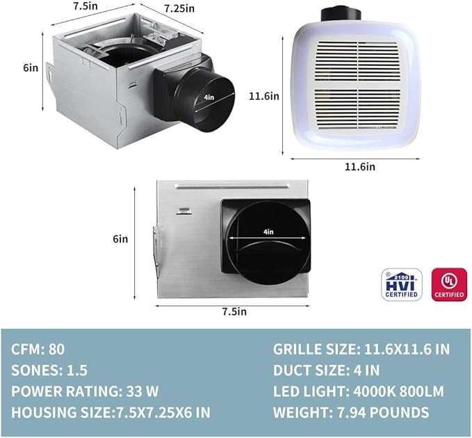 Tech Drive Very-Quiet 80 CFM, 1.5 Sone No Attic access Needed Installation Bathroom Ventilation and Exhaust Fan With LED light 4000K 800LM (80CFM),Ceiling Mounted Fan,Easy to Install