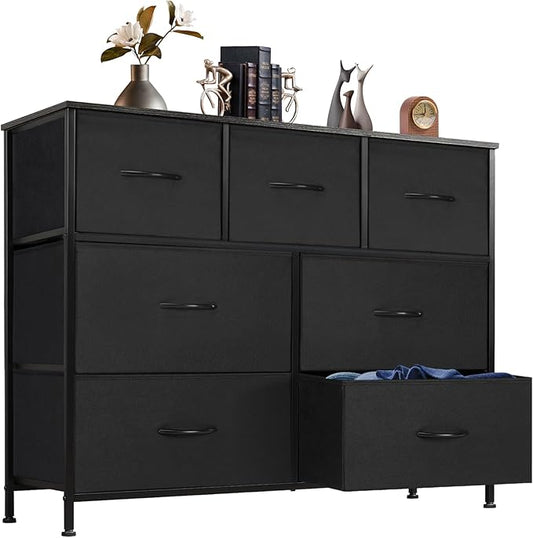 DUMOS Dresser for Bedroom with 7 Drawers, Storage Organizer Units Furniture, Chest Tower TV Stand with Fabric Bins, Metal Frame, Wooden Top for Nursery, Living Room, Bedroom, Closet, Black01