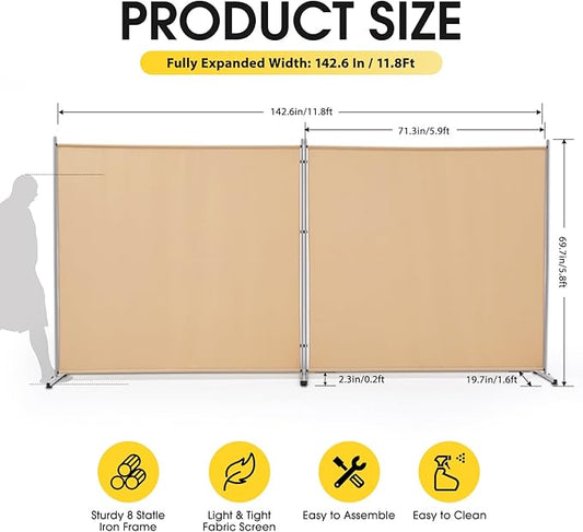 Rantila 2 Large Panels Room Divider,Portable Office Divider,Convenient Movable,Folding Partition Privacy Screen for Bedroom,Dining Room, Study,142" W x 71" H,Beige