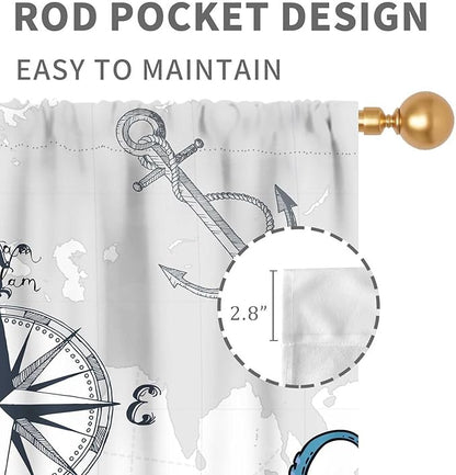 Nautical Curtains, Coastal Old Pirate Map Sailboat Compass Anchor Vintage Ocean Kraken Octopus Tentacles Blue Marine Window Drapery Treatment for Bedroom Living Room Kitchen Bathroom, 42"x63" Inch