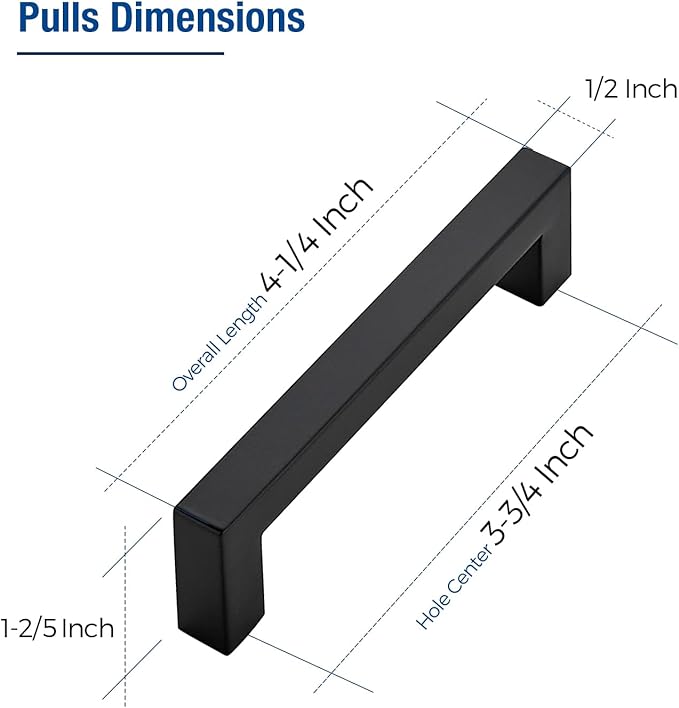 JOY DECOR 25 Pack Cabinet Handles, Black Cabinet Pulls, 3-3/4 Inch Kitchen Closet Handles Square Drawer Pulls Stainless Steel Drawer Hardware, 96mm Hole Centers