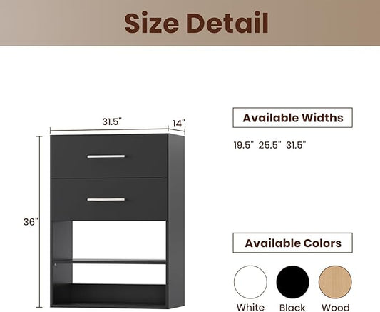 ROOMTEC 31.5" 2 Drawer Short Tower Closet Unit, Modular Closet System with Drawers and Shelf, Wardrobe Organizer for Bedroom or Walk-in Closet, Wall Mounted, Customizable Clothes Storage Unit, Black