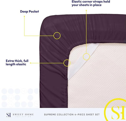 RV Queen Bed Sheets - Breathable Luxury Sheets with Full Elastic & Secure Corner Straps Built In - 1800 Supreme Collection Extra Soft Deep Pocket Bedding Set, Sheet Set, RV Short Queen, Purple