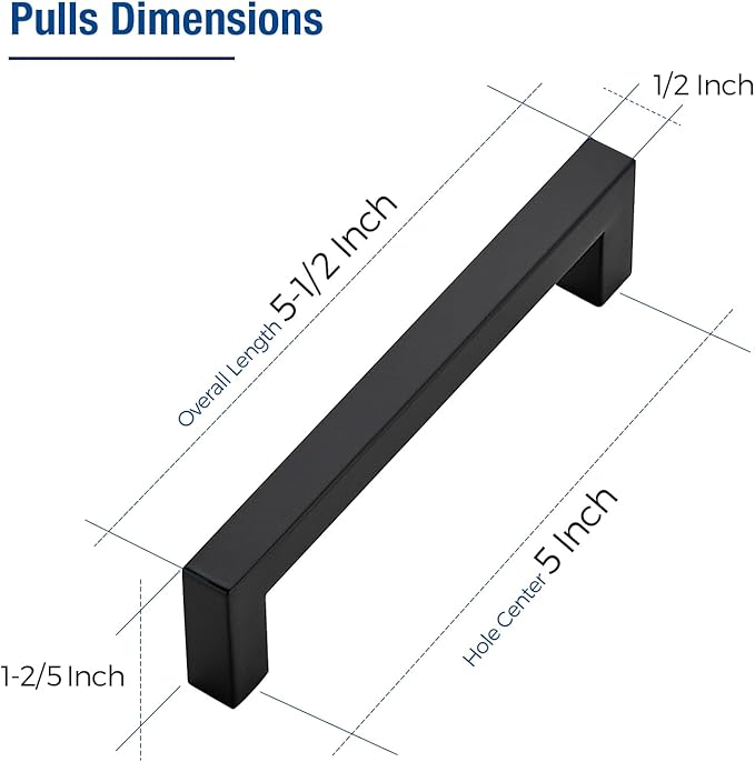 JOY DECOR Cabinet Handles, Black Cabinet Pulls, 2 Pack Kitchen Closet Handles 5 Inch, Square Drawer Pulls Stainless Steel Drawer Hardware, 128mm Hole Centers