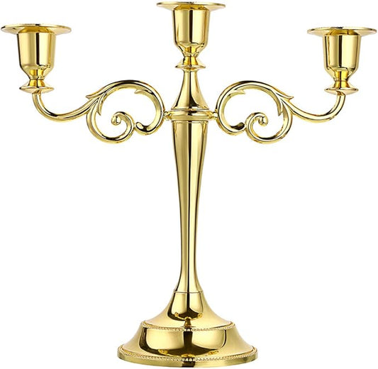 OwnMy 3 Arms Metal Candelabra Candlestick Silver European Elegant Candle Holder Candle Stand for Wedding Dining Table Christmas Party Home Decoration (Golden Tone)
