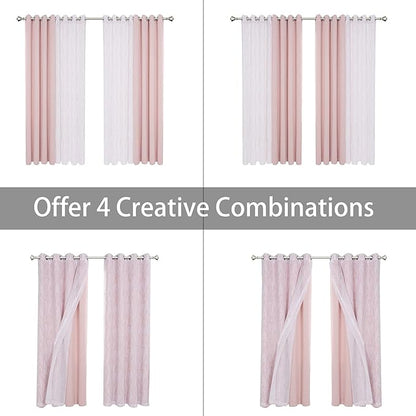 BONZER Mix and Match Curtains - 2 Pieces Branch Print Sheer Curtains and 2 Pieces Blackout Curtains for Bedroom Living Room Grommet Window Drapes, 54x63 Inch/Panel, Blush, Set of 4 Panels