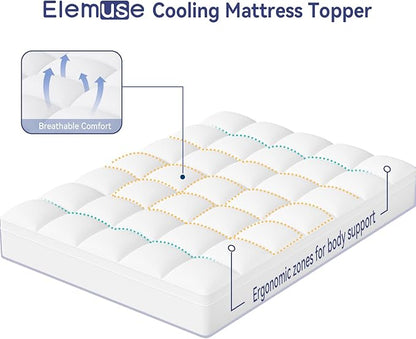 ELEMUSE Queen Mattress Topper for Back Pain, Extra Thick Mattress Pad Cover, Plush Soft Pillowtop with Elastic Deep Pocket, Overfilled Down Alternative Filling
