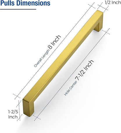 JOY DECOR 4 Pack Cabinet Handles, Gold Cabinet Pulls, 7-1/2 Inch Kitchen Closet Handles Square Drawer Pulls Stainless Steel Drawer Hardware, 192mm Hole Centers