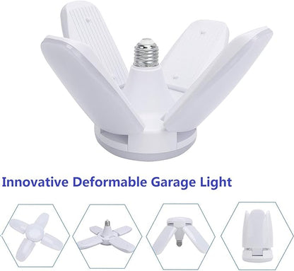 (2 Pack) LED Garage Lights, 60W Trilights Ceiling, High Low Bay Deformable Adjustable 4 Led Light Bulbs 6000LM 6000K, Screw in Tribright Garage Lighting Fixture,CRI80 Daylight