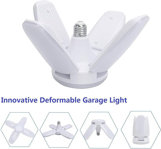 (2 Pack) LED Garage Lights, 60W Trilights Ceiling, High Low Bay Deformable Adjustable 4 Led Light Bulbs 6000LM 6000K, Screw in Tribright Garage Lighting Fixture,CRI80 Daylight