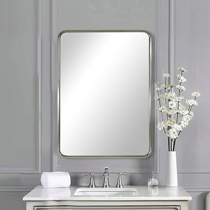 ANDY STAR Brushed Nickel Bathroom Mirror, 24x36’’ Rounded Rectangle Mirror Modern Silver Vanity Mirror SUS304 Metal Tube Frame(Rustproof) 1’’ Deep Wall Mounted Vertically/Horizontally