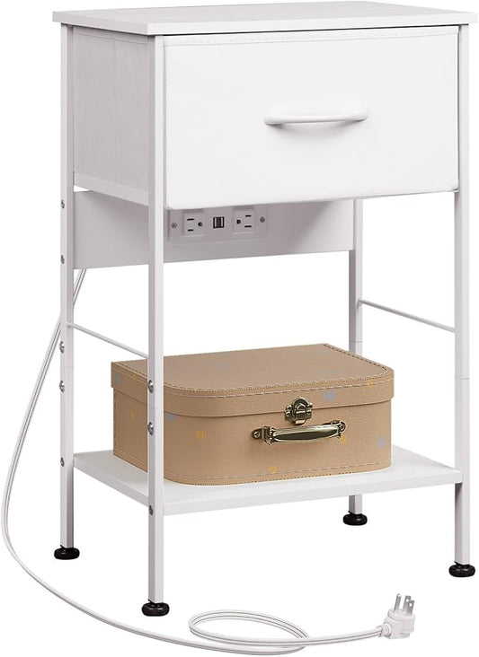 WLIVE Nightstand with Charging Station, 25" H Nightstand with 1 Fabric Drawer and Open Wood Shelf, Bed Side Table for Bedroom, 2-Tier Storage End Table, Small Dresser for Dorm, Entryway, White