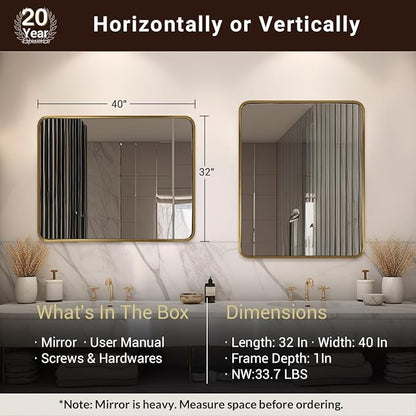 ANDY STAR 40x32 Inch Gold Bathroom Mirror, Brushed Gold Mirrors for Wall in Anti-Rust SUS304 Tube Metal Frame, Rounded Rectangle Mirrors 1’’ Deep Wall Mounted Vertically/Horizontal for Bathroom