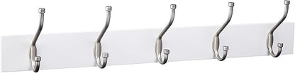 Amazon Basics Rectangular Farmhouse Wall-Mounted Coat Rack with Storage Hooks, 5 Hooks, White