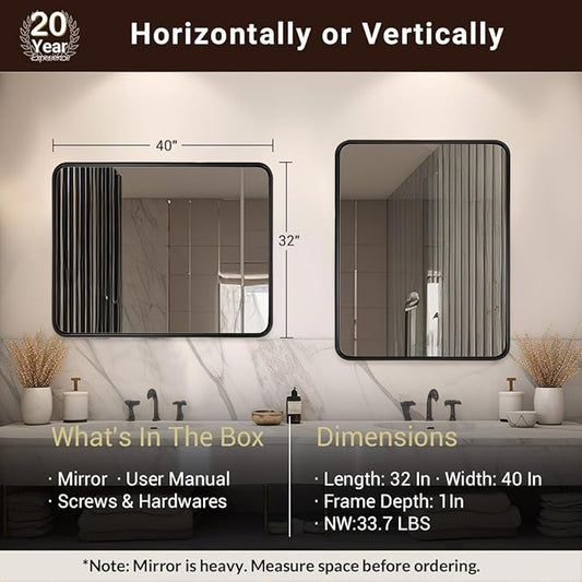 ANDY STAR 40X32 Inch Black Bathroom Mirror, Black Bathroom Vanity Mirrors for Wall, Rounded Rectangle Mirror for Bathroom, Seamless Tube Metal Frame, 1’’ Deep Wall Mounted Vertical/Horizontal