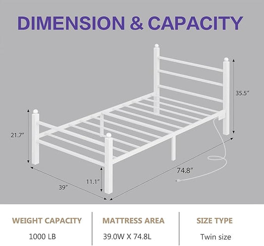Twin Bed Frame with Headboard and Footboard, Metal Bed Frame with Charging Station and LED Lights, Under Bed Storage, No Box Spring Needed,Noise Free,White