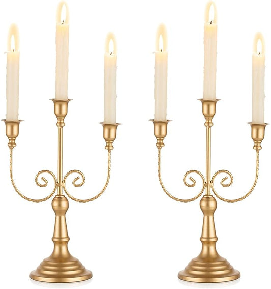 Romadedi Candelabra Gold Candle Holders - 3 Arm 11.8" Wedding Candlestick Holder for Theme Party Table Centerpiece Decor Dining Room Birthday Holiday Christmas, Set of 2