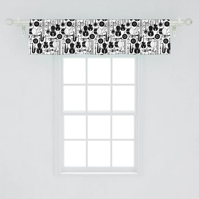Lunarable Jazz Window Valance Pack of 2, Silhouette of Musical Instruments Trumpet Saxophone Guitar Drum and Keyboard, Rod Pocket Curtain Valances for Kitchen Bedroom, 54" X 12", White Charcoal
