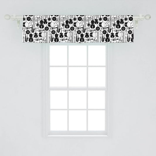 Lunarable Jazz Window Valance Pack of 2, Silhouette of Musical Instruments Trumpet Saxophone Guitar Drum and Keyboard, Rod Pocket Curtain Valances for Kitchen Bedroom, 54" X 12", White Charcoal