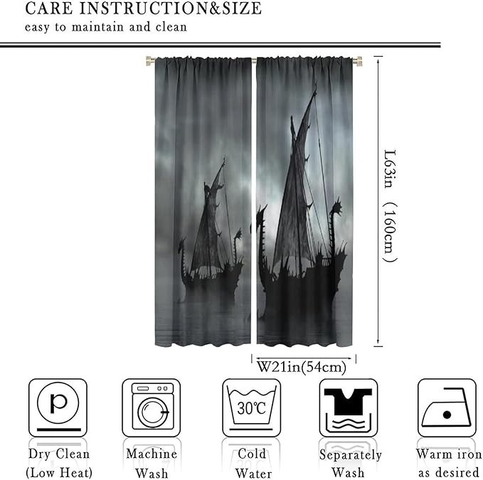 Viking Ship Blackout Curtains,Gloomy Misty Lake Landscape Fantasy Black White Color Sailing Dragon Boat Window Drapes for Boys Girls Bedroom Living Room,Norse Decor 42x63in