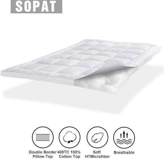 SOPAT Extra Thick Mattress Topper King 400TC Cotton Pillow Top Breathable Mattress Pad Protector with 8-22" Deep Pocket Soft Down Alternative Fill Mattress Cover (78x80 Inches, White)