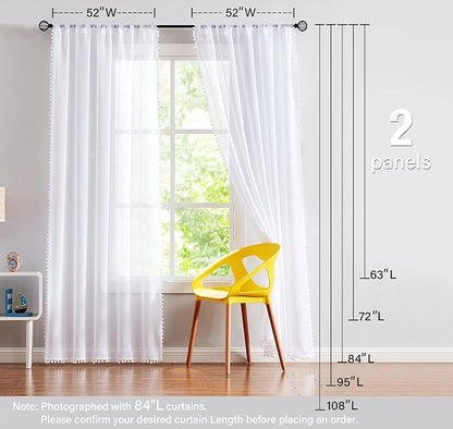 Treatmentex Snow White Sheer Curtains 95" Bedroom Decorative Pompom Trimmed Voile Window Curtain for Living Room Linen Look 2 Panels