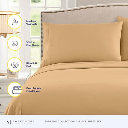 Queen Size Bed Sheets - Breathable Luxury Sheets with Full Elastic & Secure Corner Straps Built In - 1800 Supreme Collection Extra Soft Deep Pocket Bedding Set, Sheet Set, Queen, Camel