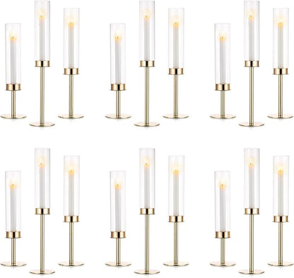 NUPTIO Gold Candlestick Holders Bulk: Set of 18 Glass Hurricane Taper Candle Holders - Decorative Candle Stick Stand for Fall Christmas Fireplace Dining Table Decor