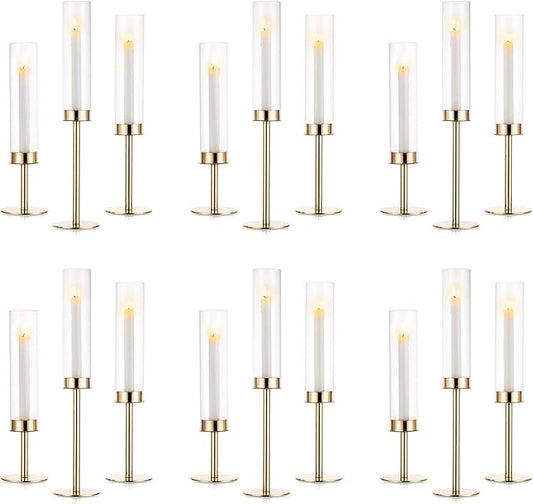 NUPTIO Gold Candlestick Holders Bulk: Set of 18 Glass Hurricane Taper Candle Holders - Decorative Candle Stick Stand for Fall Christmas Fireplace Dining Table Decor