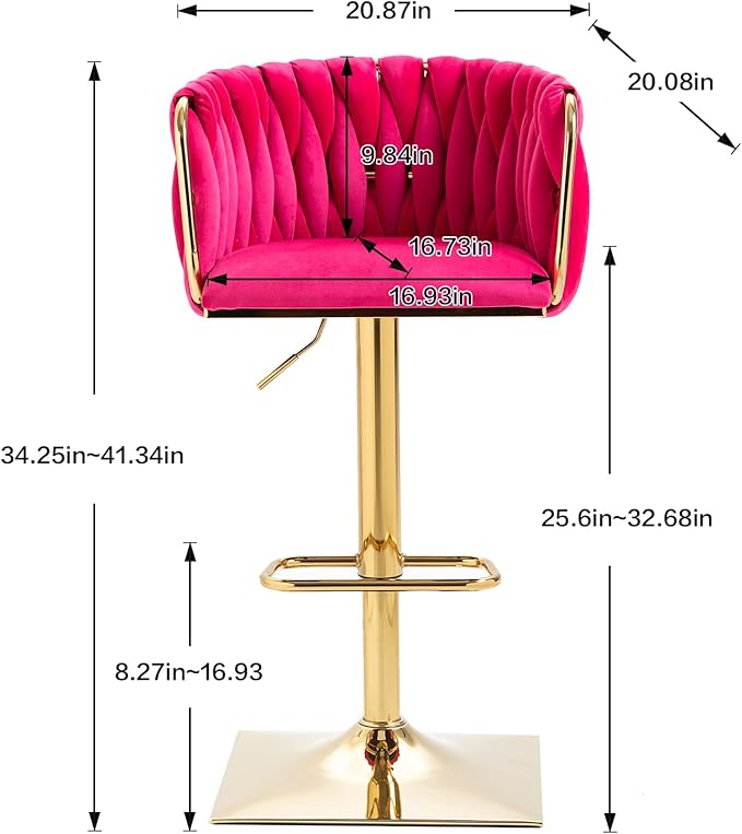 NIOIIKIT Bar Stool Set of 2, Velvet Upholstered Swivel Barstool, Counter Height Chair with Hand Woven Backrest, Dining Barstool with Footrest, Bar Chair for Kitchen Island, Pub (Rose Red)