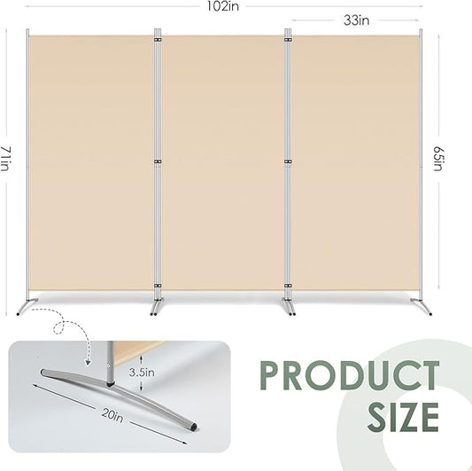 RANTILA 3 Panel Room Divider, 6 Ft Tall Folding Privacy Screen Freestanding Room Partition Wall Dividers, 102''W x 20''D x 71''H, Beige