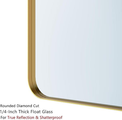 VocalStar Gold Bathroom Mirror for Wall, 40 x 30 Inch Metal Framed Rounded Rectangle Vanity Mirror Modern Farmhouse, 1/4-inch Shatterproof Glass | Ultra-Flush Hanging