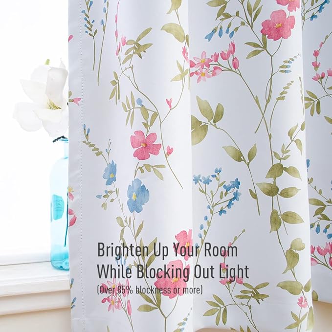 Linentalks Floral Blackout Curtains 96 Inch Length 2 Panels Set, Farmhouse Thermal Insulated Living Room Curtains, Grommet Room Darkening Curtains for Bedroom, Boho Doorway Curtains Green Red Multi