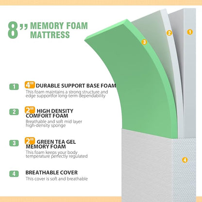 PayLessHere 8 inch Memory Foam Mattress Cooling Gel Green Tea Infused Mattress,Fiberglass Free,CertiPUR-US Certified,Cooler Sleep Supportive & Pressure Relief,White Full