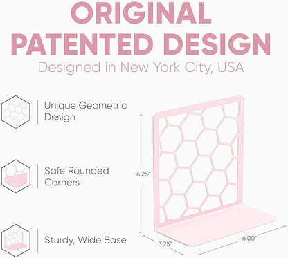 GEOMOD Geometric Honeycomb Pink Metal Bookends Decorative - Tall Sturdy Book Ends for Shelves - Modern Heavy Duty Bookend Stopper - Office or Home Book Shelf Book Holder - 6x3.25x6.25 Inches - 1 Pair