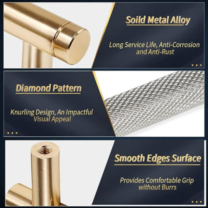 Knurled Cabinet Pulls 6 Pack, 4 Inch Long Cabinet Handles Metal Door Pulls, Kitchen Drawer Pull Knurled Dresser Handles - 3" Hole to Hole, Grey & Gold